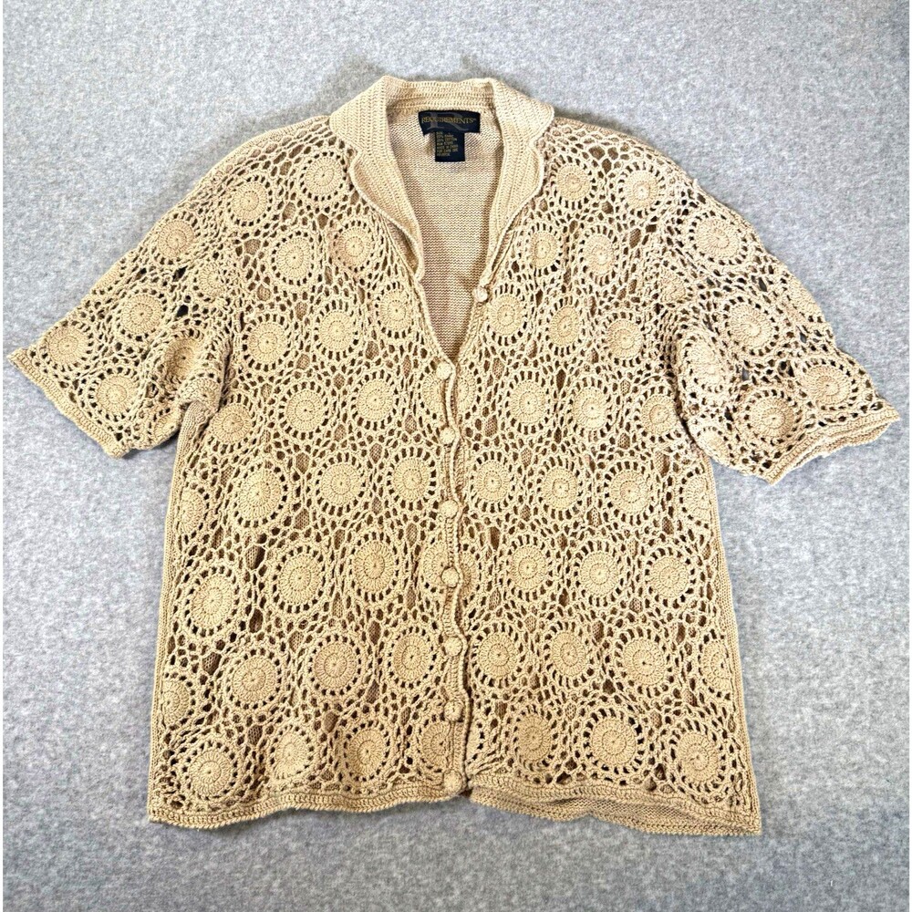 VTG Crochet Short Sleeve Cardigan Sweater L Cotton Blend Beige Neutral Earthy